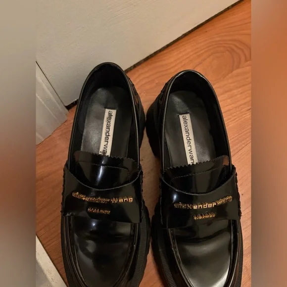 Alexander Wang Black Patent Leather Chunky Loafers with Gold Logo - Picture 2 of 5